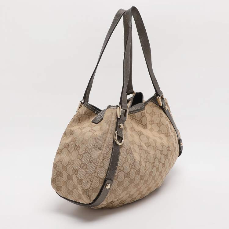 Pre Owned Gucci Abbey Medium Beige/Metallic GG Canvas and Leather Hobo