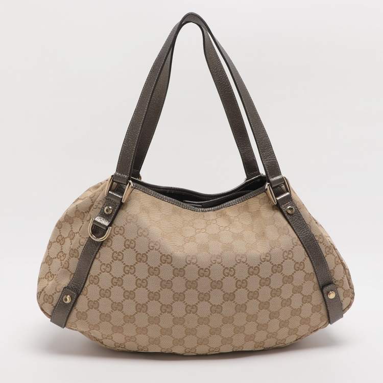 Pre Owned Gucci Abbey Medium Beige/Metallic GG Canvas and Leather Hobo