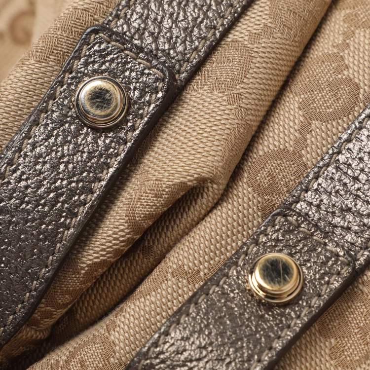 Pre Owned Gucci Abbey Medium Beige/Metallic GG Canvas and Leather Hobo