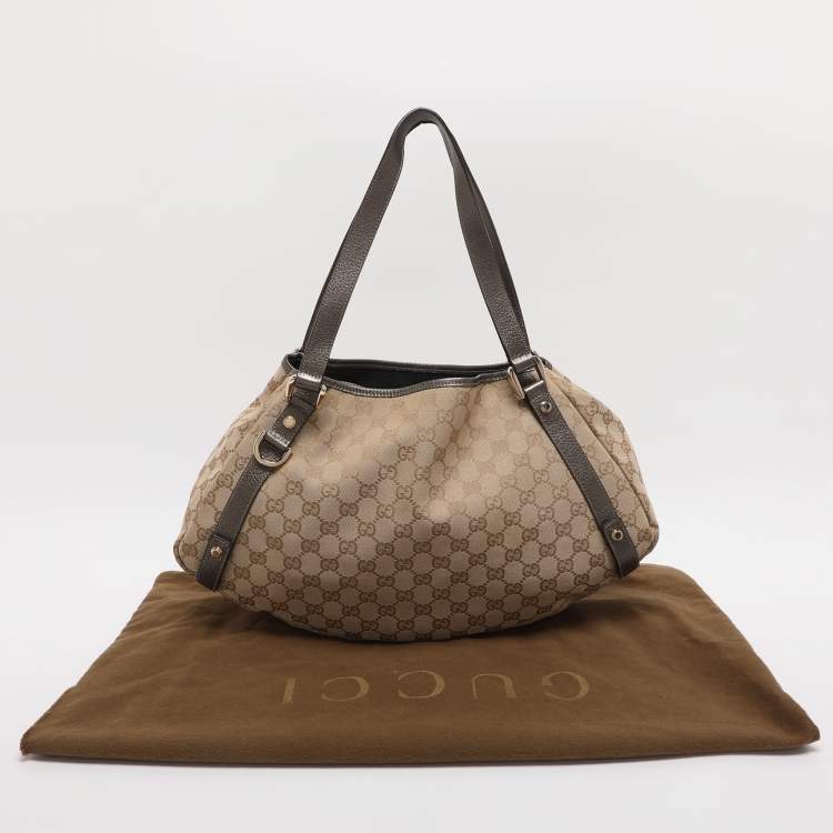 Pre Owned Gucci Abbey Medium Beige/Metallic GG Canvas and Leather Hobo