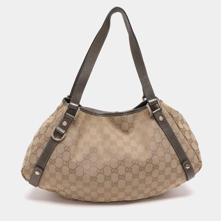 Pre Owned Gucci Abbey Medium Beige/Metallic GG Canvas and Leather Hobo