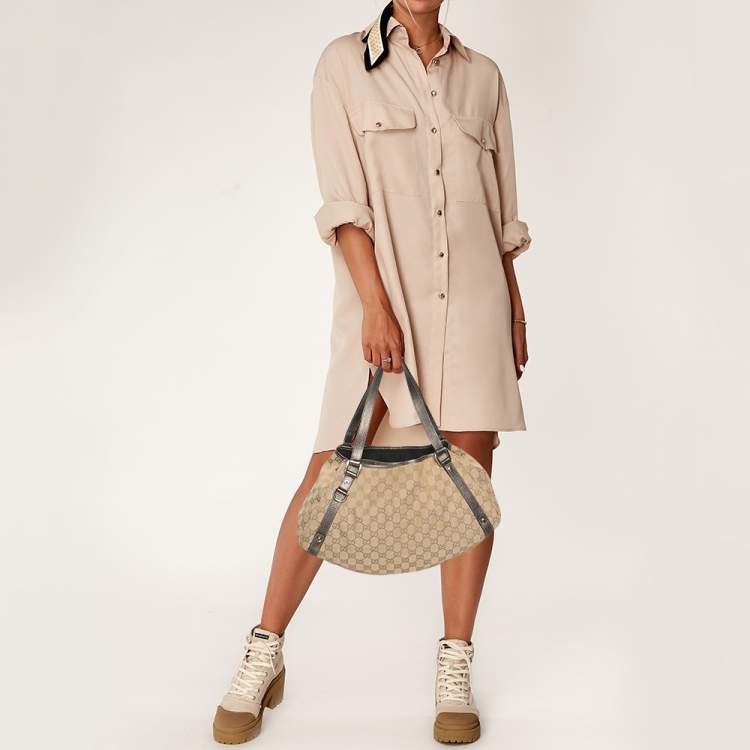 Pre Owned Gucci Abbey Medium Beige/Metallic GG Canvas and Leather Hobo