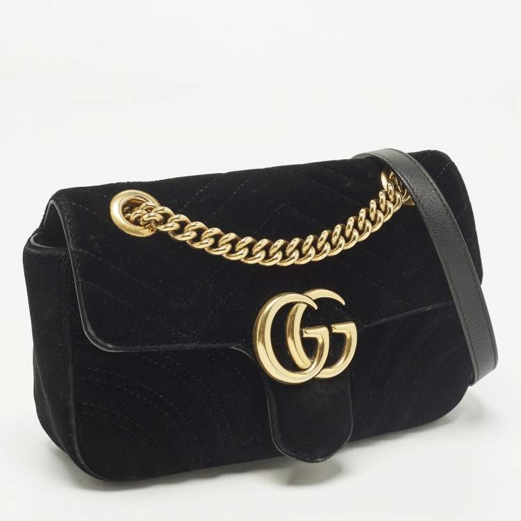 Pre Owned Gucci GG Marmont Flap Mini Black Matelassé Velvet Shoulder Bag