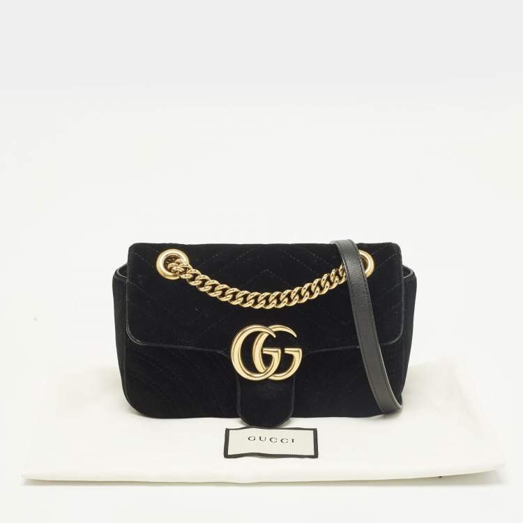 Pre Owned Gucci GG Marmont Flap Mini Black Matelassé Velvet Shoulder Bag