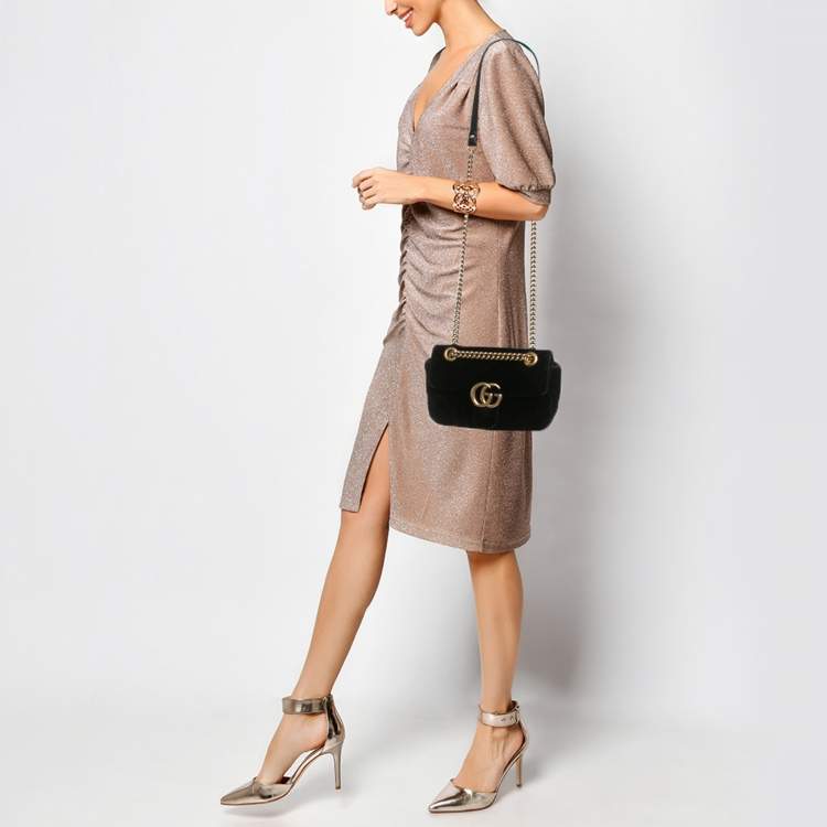 Pre Owned Gucci GG Marmont Flap Mini Black Matelassé Velvet Shoulder Bag