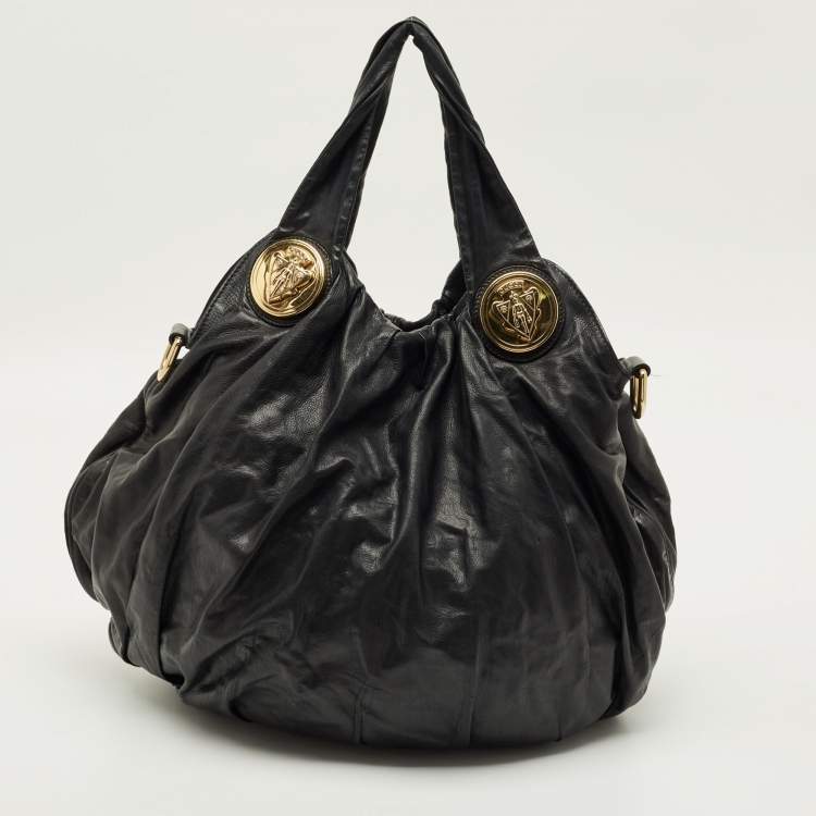 Pre Owned Gucci Embroidered Hysteria Black Leather Hobo