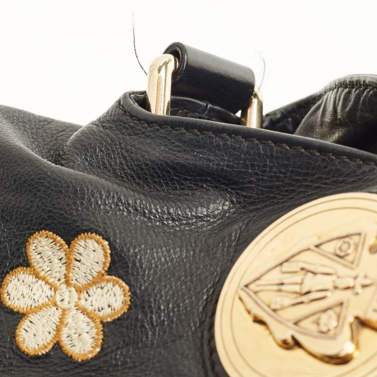 Pre Owned Gucci Embroidered Hysteria Black Leather Hobo