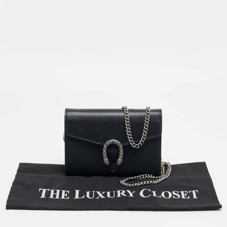 Pre Owned Gucci Crystal Dionysus Black Leather Wallet On Chain