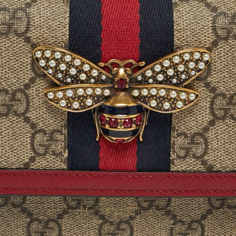 Pre Owned Gucci Web Queen Margaret Red/Beige GG Supreme Canvas Wallet On Chain