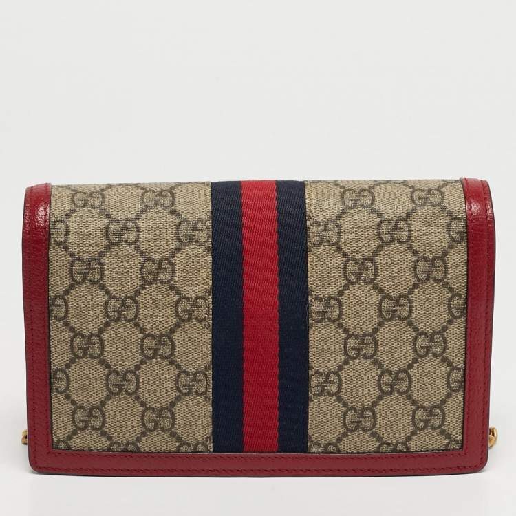 Pre Owned Gucci Web Queen Margaret Red/Beige GG Supreme Canvas Wallet On Chain