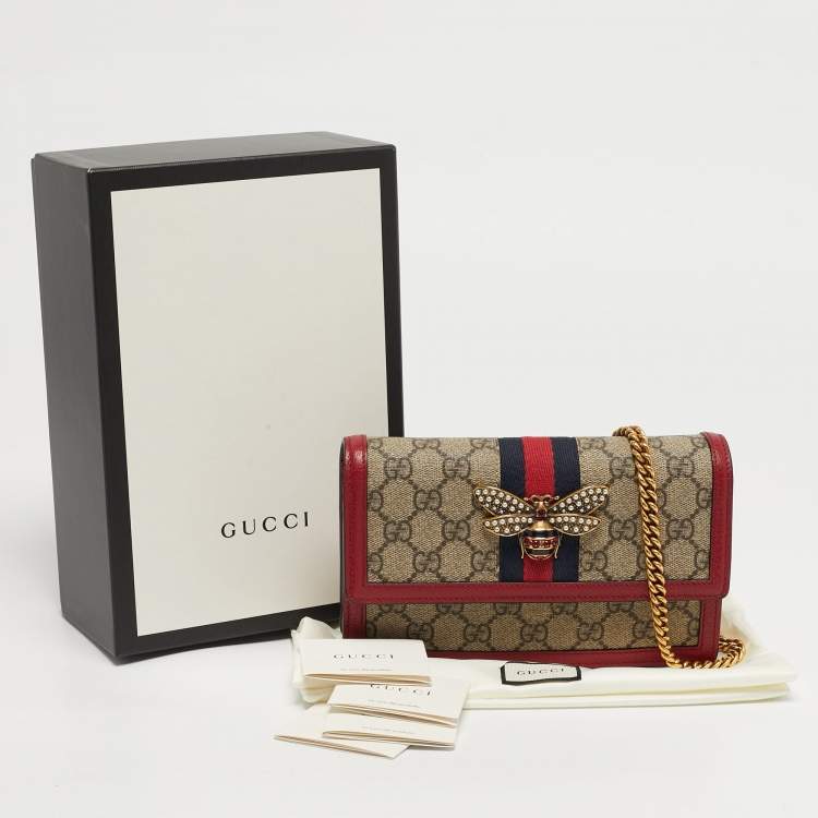 Pre Owned Gucci Web Queen Margaret Red/Beige GG Supreme Canvas Wallet On Chain
