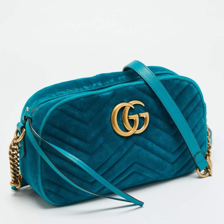 Pre Owned Gucci GG Marmont Small Teal Matelassé Velvet Camera Bag