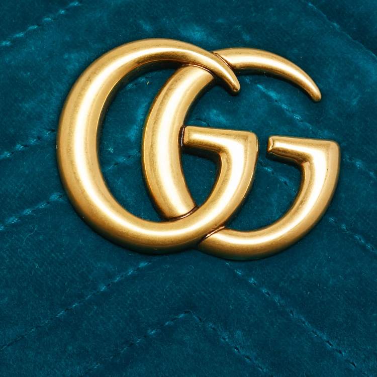 Pre Owned Gucci GG Marmont Small Teal Matelassé Velvet Camera Bag