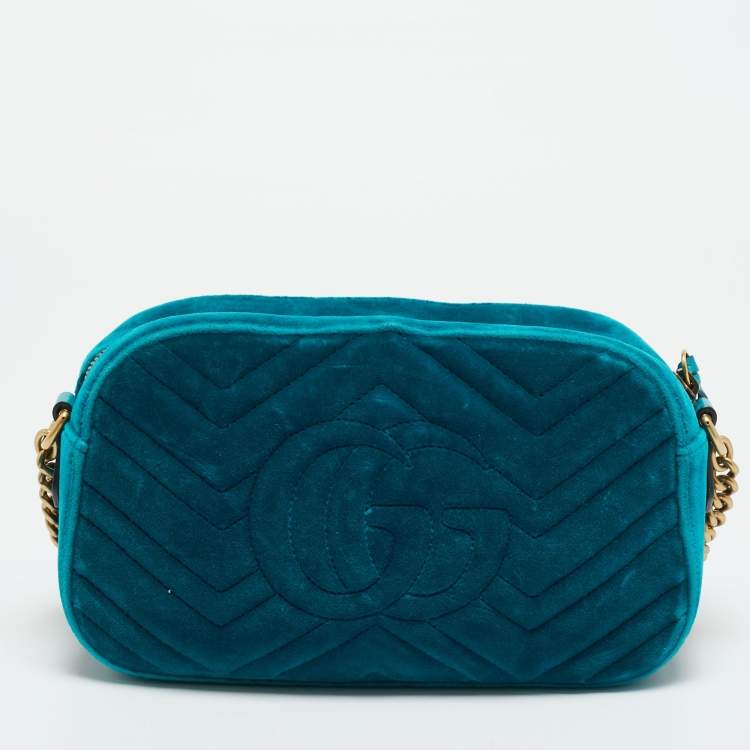 Pre Owned Gucci GG Marmont Small Teal Matelassé Velvet Camera Bag