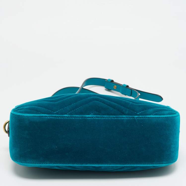 Pre Owned Gucci GG Marmont Small Teal Matelassé Velvet Camera Bag