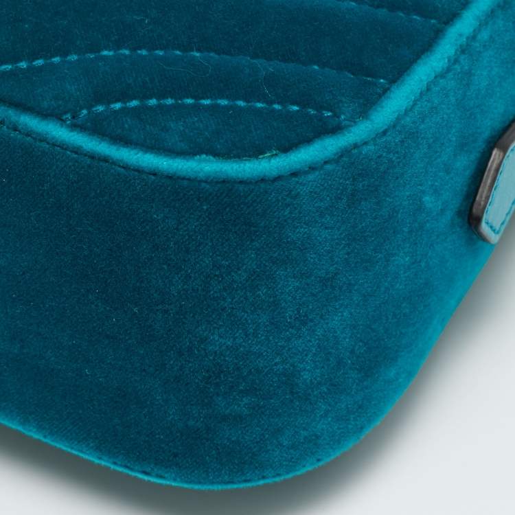 Pre Owned Gucci GG Marmont Small Teal Matelassé Velvet Camera Bag