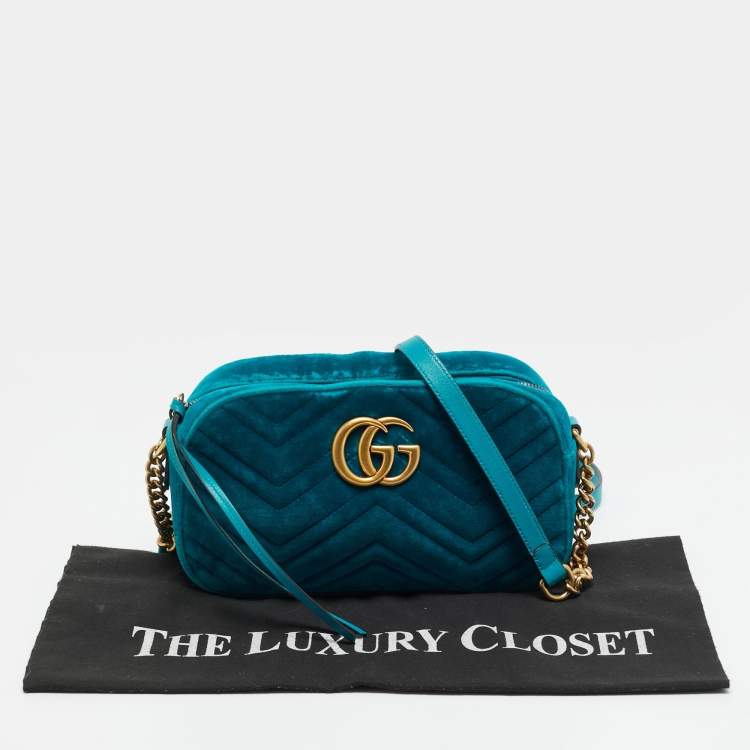 Pre Owned Gucci GG Marmont Small Teal Matelassé Velvet Camera Bag
