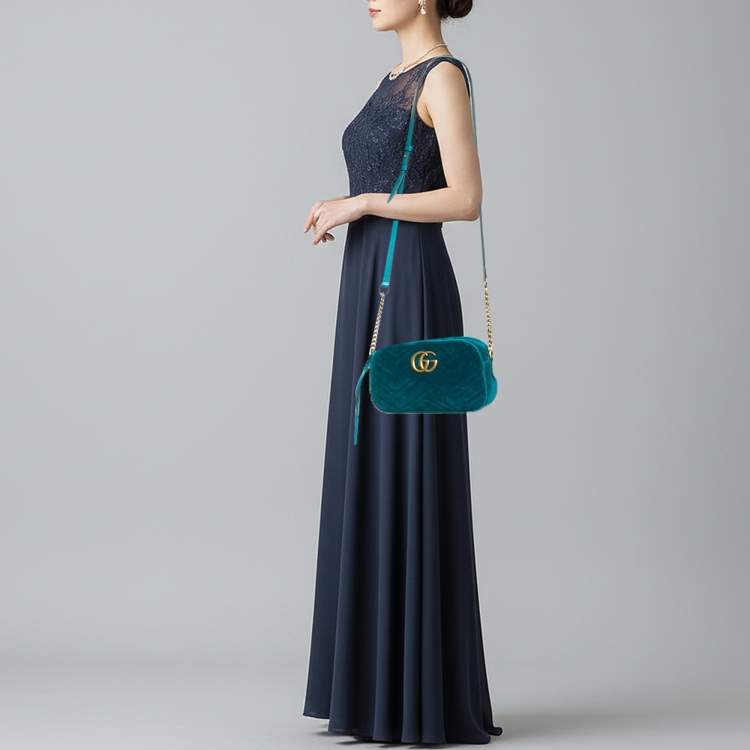 Pre Owned Gucci GG Marmont Small Teal Matelassé Velvet Camera Bag