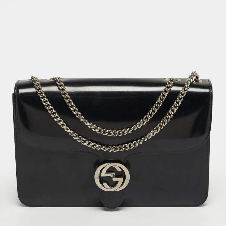 Pre Owned Gucci Interlocking G Medium Black Patent Leather Shoulder Bag