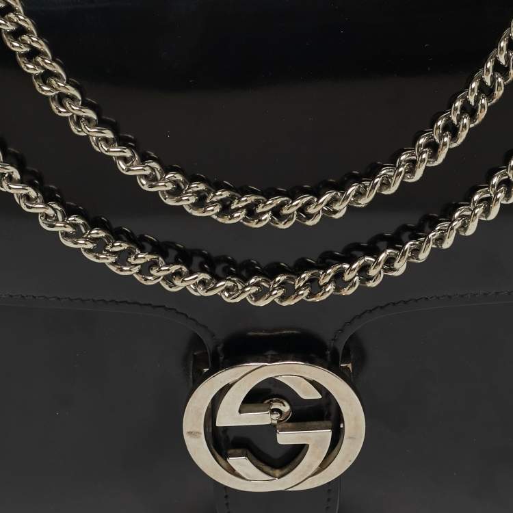 Pre Owned Gucci Interlocking G Medium Black Patent Leather Shoulder Bag