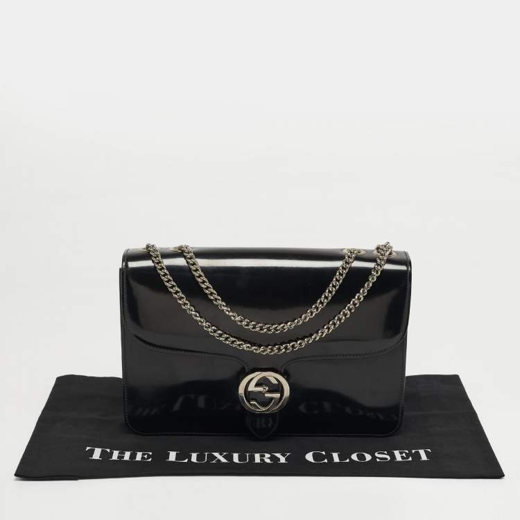 Pre Owned Gucci Interlocking G Medium Black Patent Leather Shoulder Bag