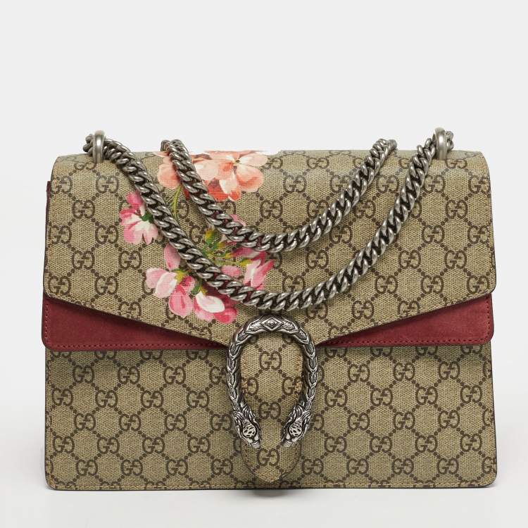 Pre Owned Gucci Dionysus Medium Beige/Burgundy Blooms GG Supreme Canvas Shoulder Bag