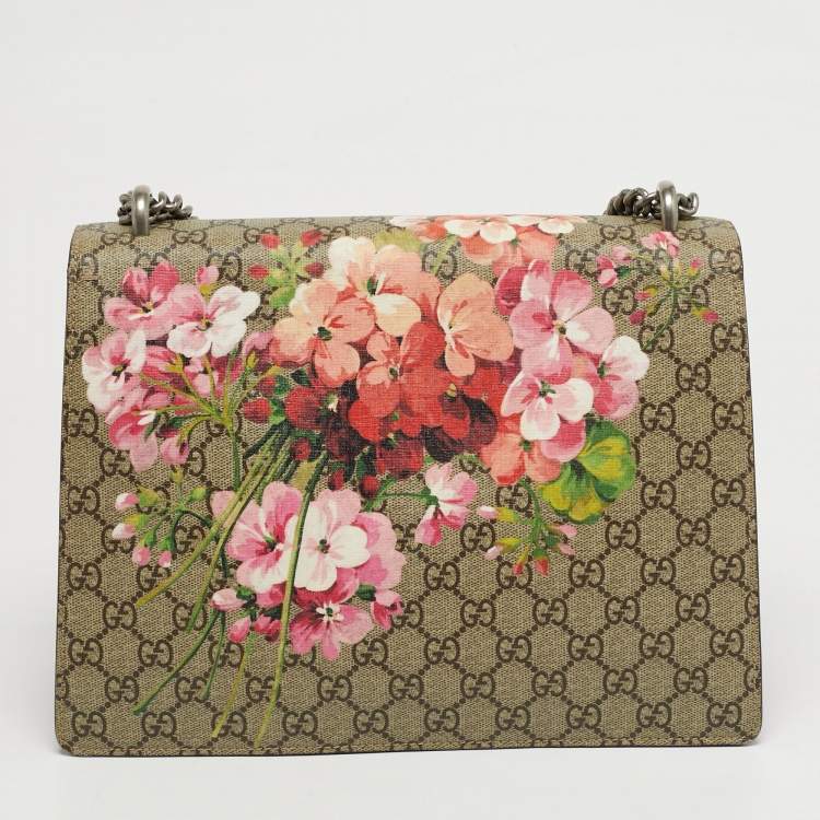Pre Owned Gucci Dionysus Medium Beige/Burgundy Blooms GG Supreme Canvas Shoulder Bag