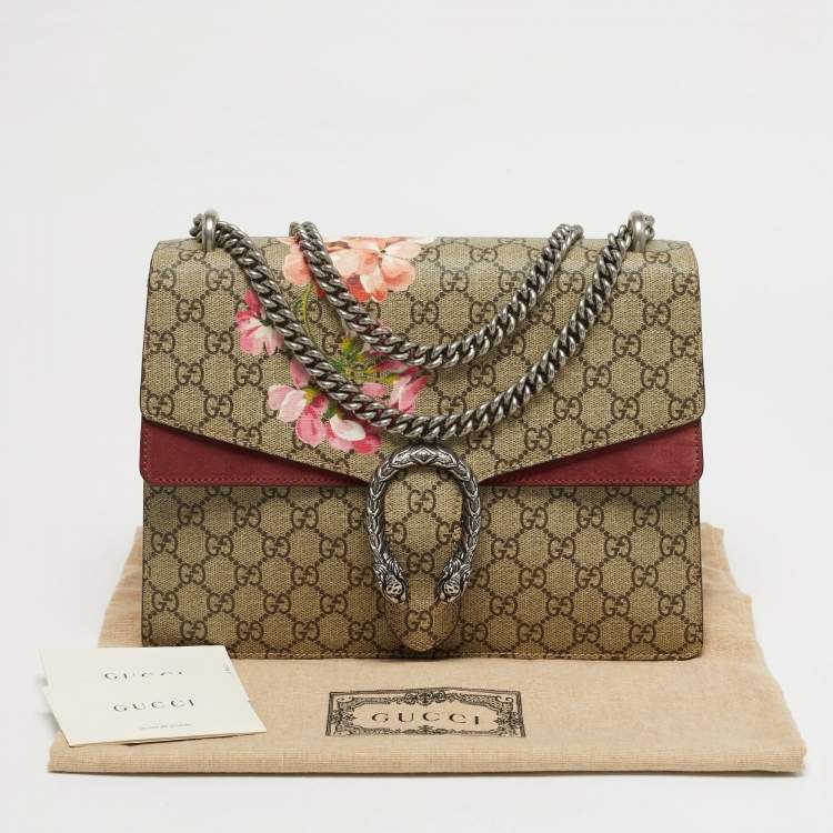 Pre Owned Gucci Dionysus Medium Beige/Burgundy Blooms GG Supreme Canvas Shoulder Bag