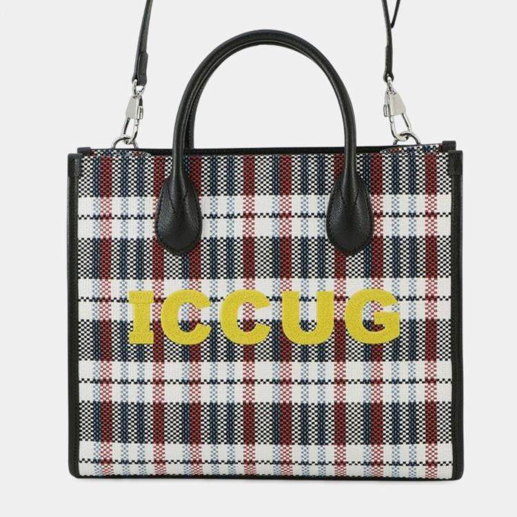 Pre Owned Gucci Brown Freya Hartas Canvas ICCUG Logo Embroidered Plaid Tote