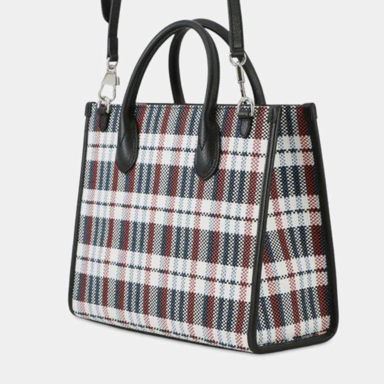 Pre Owned Gucci Brown Freya Hartas Canvas ICCUG Logo Embroidered Plaid Tote