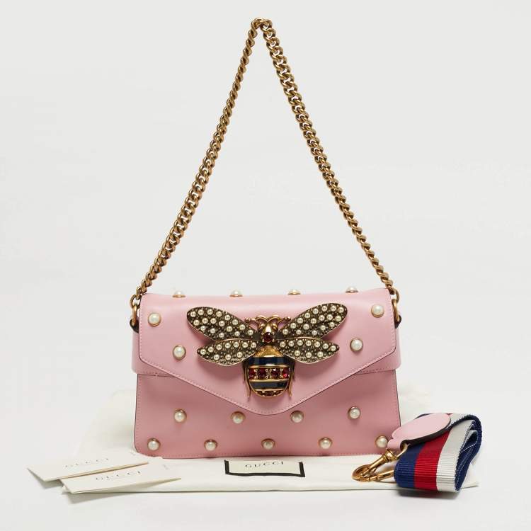 Pre Owned Gucci Broadway Pearly Bee Mini Pink Leather Shoulder Bag