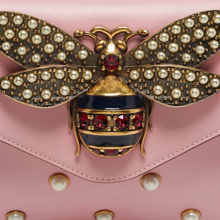 Pre Owned Gucci Broadway Pearly Bee Mini Pink Leather Shoulder Bag
