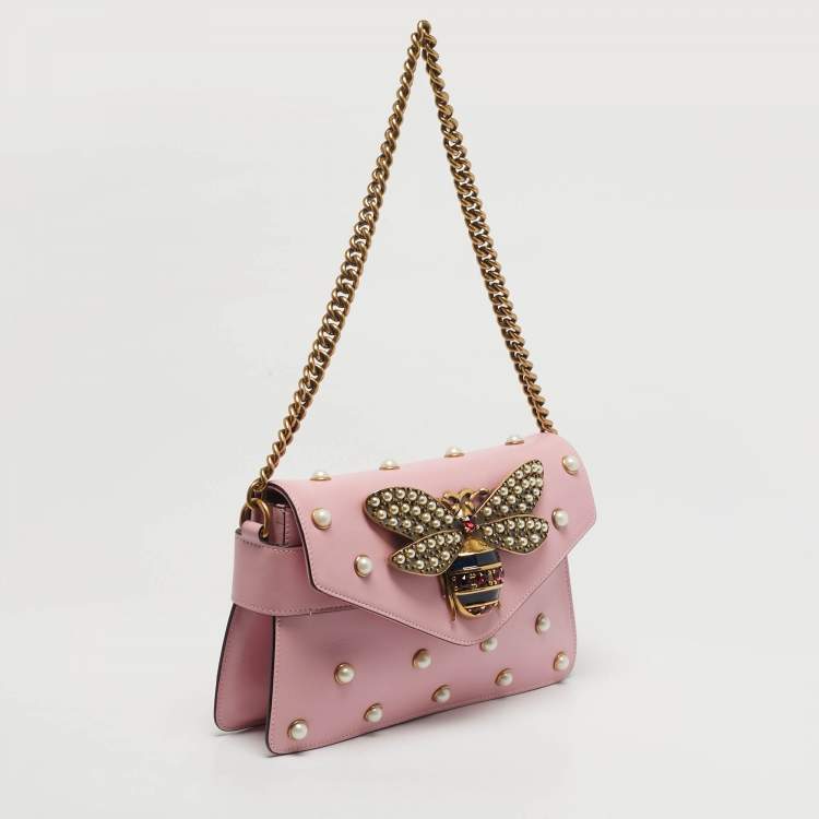 Pre Owned Gucci Broadway Pearly Bee Mini Pink Leather Shoulder Bag