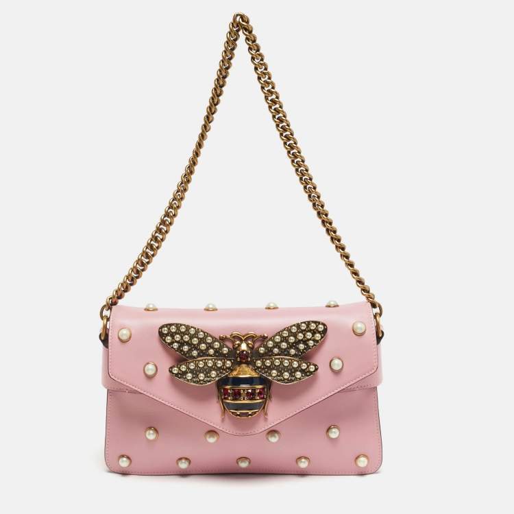 Pre Owned Gucci Broadway Pearly Bee Mini Pink Leather Shoulder Bag