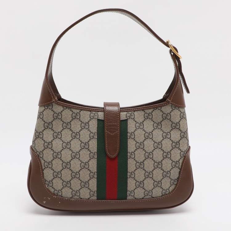 Pre Owned Gucci Jackie Small Beige/Brown GG Supreme Canvas and Leather Hobo