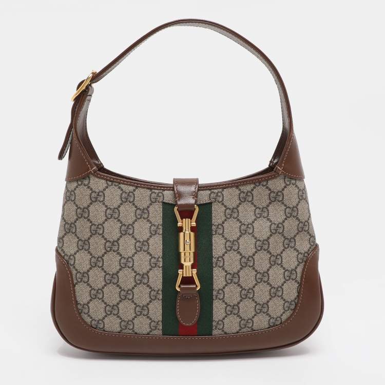 Pre Owned Gucci Jackie Small Beige/Brown GG Supreme Canvas and Leather Hobo