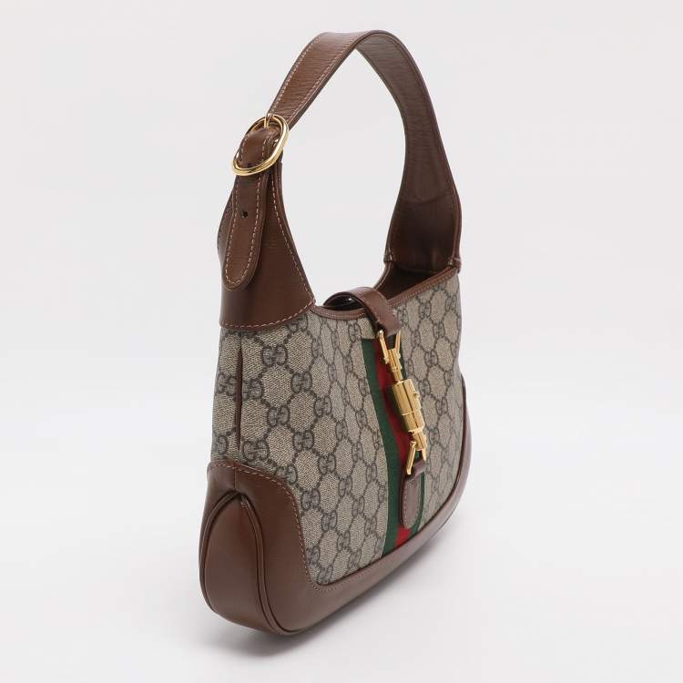 Pre Owned Gucci Jackie Small Beige/Brown GG Supreme Canvas and Leather Hobo