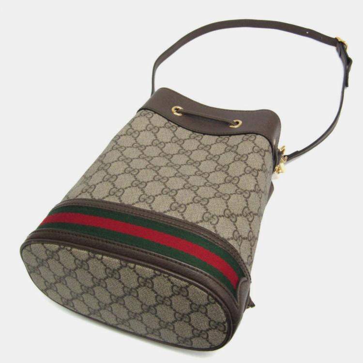 Pre Owned Gucci GG Supreme Small Bucket Bag GG Supreme Leather Shoulder Bag Beige Brown