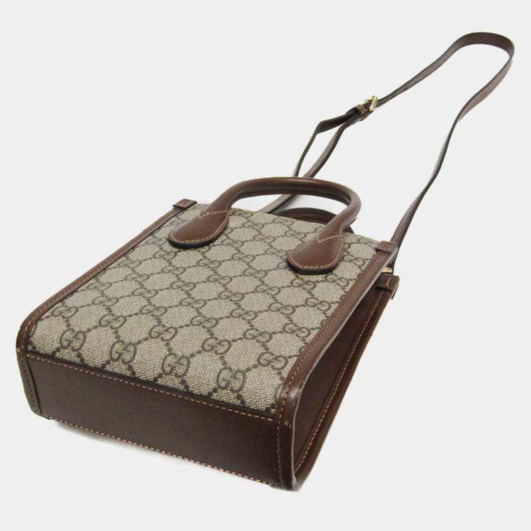 Pre Owned Gucci Interlocking G Leather GG Supreme Shoulder Bag Beige Brown