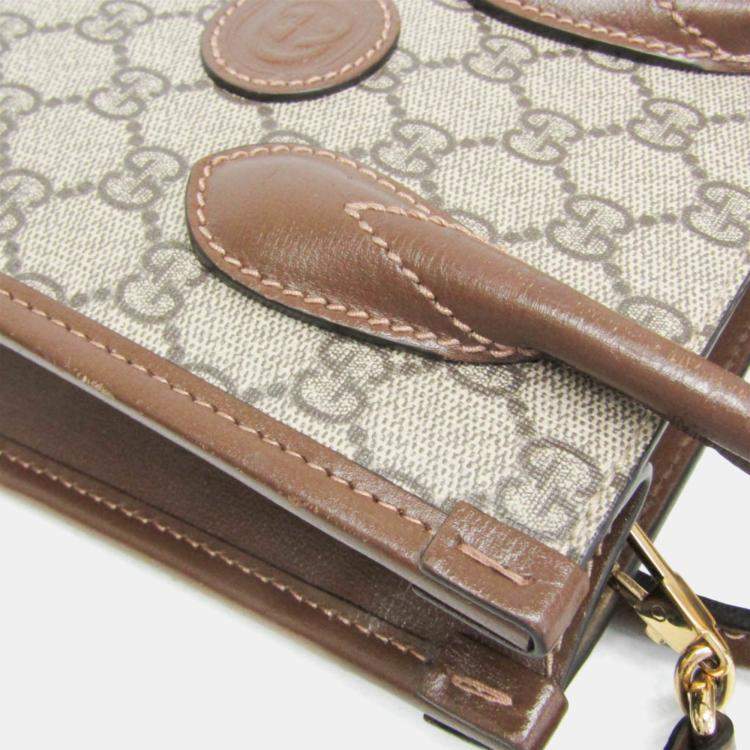 Pre Owned Gucci Interlocking G Leather GG Supreme Shoulder Bag Beige Brown