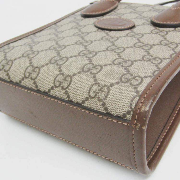 Pre Owned Gucci Interlocking G Leather GG Supreme Shoulder Bag Beige Brown