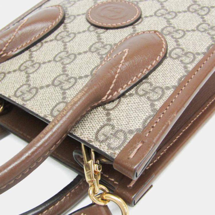 Pre Owned Gucci Interlocking G Leather GG Supreme Shoulder Bag Beige Brown