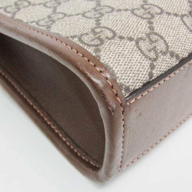 Pre Owned Gucci Interlocking G Leather GG Supreme Shoulder Bag Beige Brown