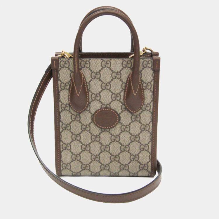Pre Owned Gucci Interlocking G Leather GG Supreme Shoulder Bag Beige Brown
