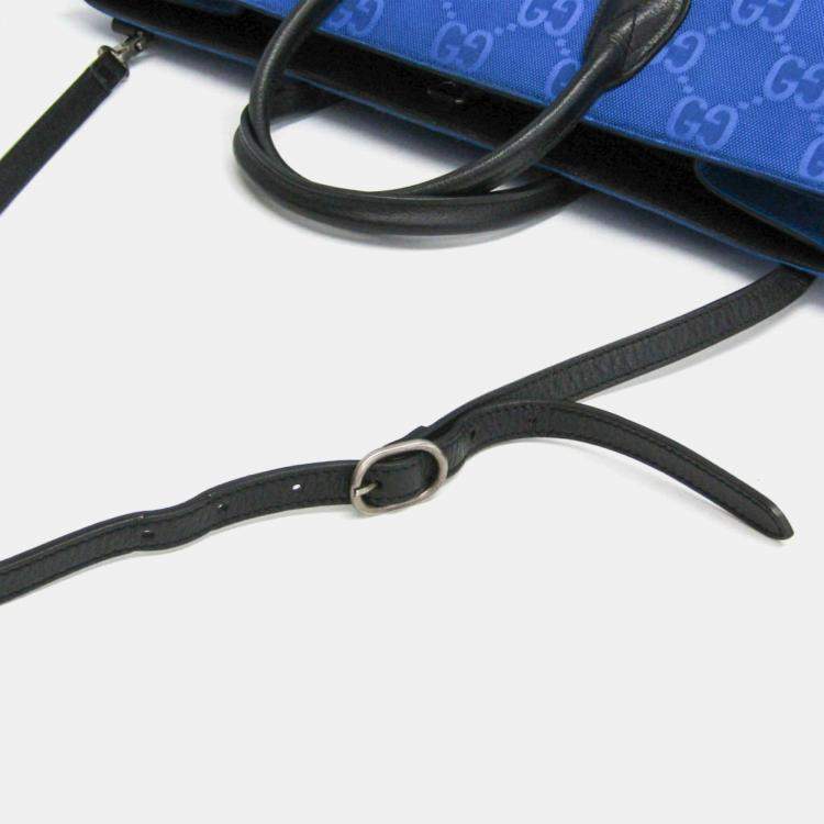 Pre Owned Gucci Off The Grid GG Nylon Canvas Leather Shoulder Bag Black Blue