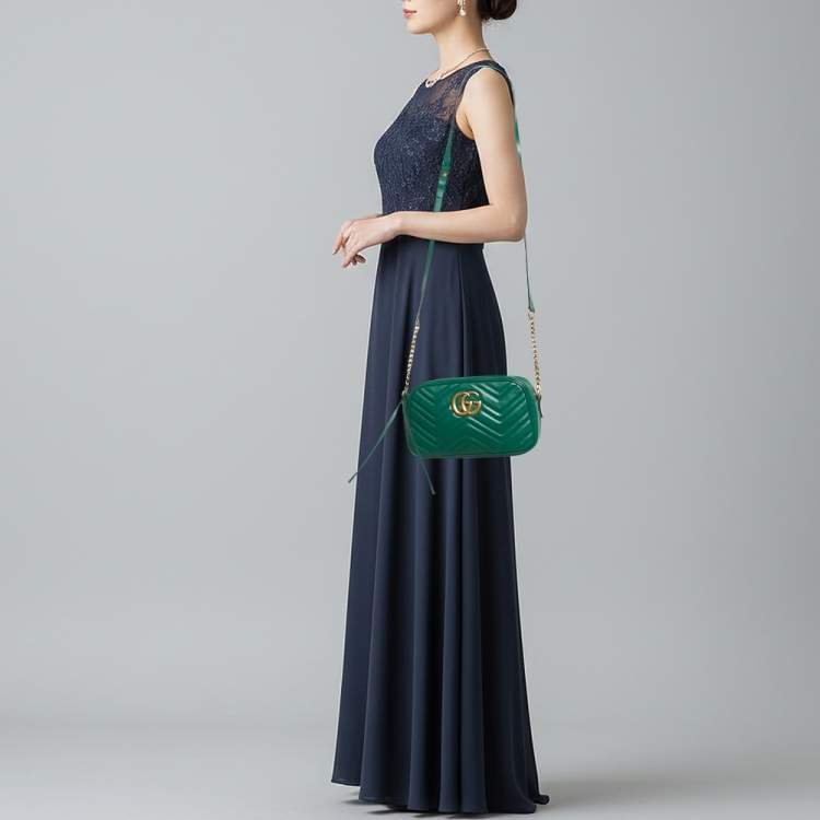 Pre Owned Gucci GG Marmont Small Green Matelasse Leather Camera Bag