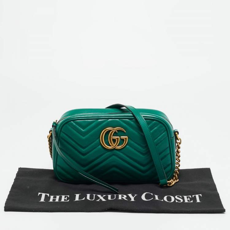 Pre Owned Gucci GG Marmont Small Green Matelasse Leather Camera Bag