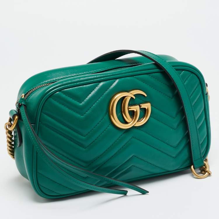Pre Owned Gucci GG Marmont Small Green Matelasse Leather Camera Bag