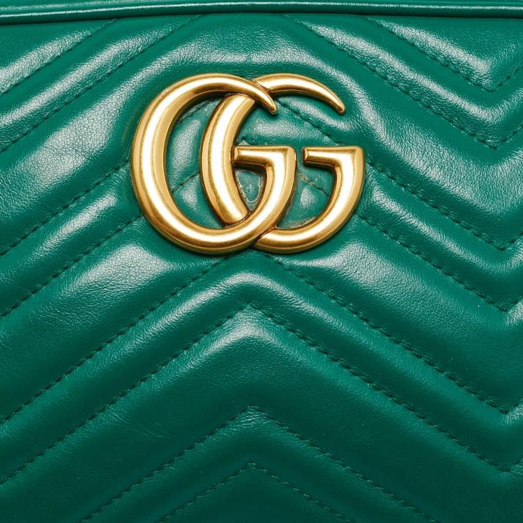 Pre Owned Gucci GG Marmont Small Green Matelasse Leather Camera Bag