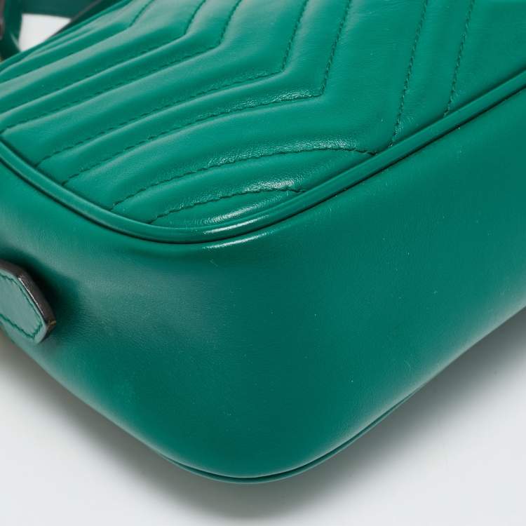 Pre Owned Gucci GG Marmont Small Green Matelasse Leather Camera Bag